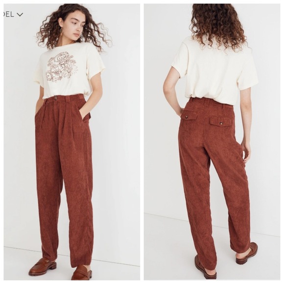 Madewell Corduroy High-Rise Tapered Pants Size 12 Dusty Redwood